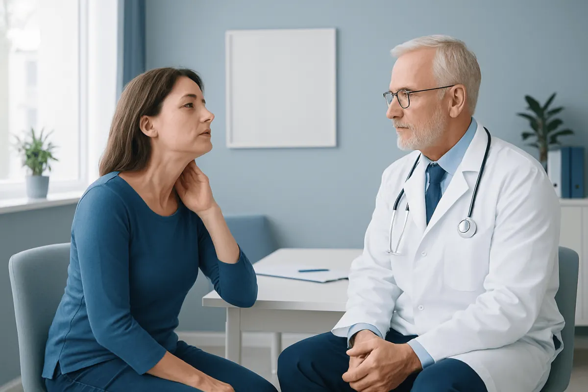 Doctor consulting with a female patient in a medical office.