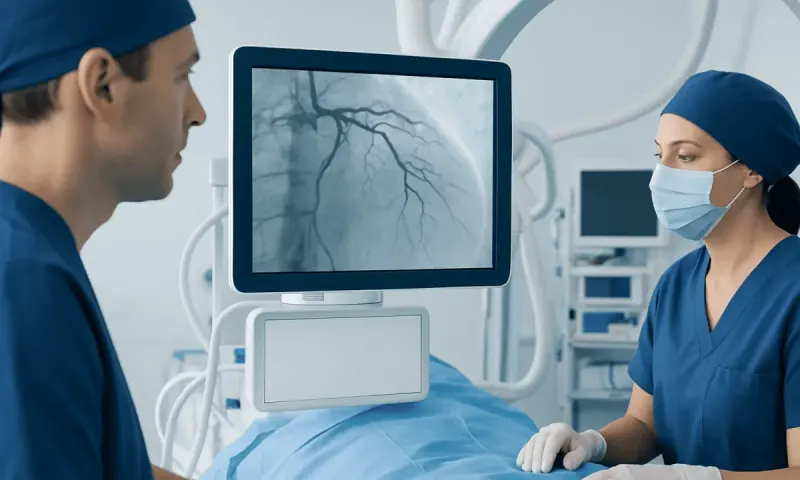 Medical professionals analyzing coronary angiography images in a hospital.