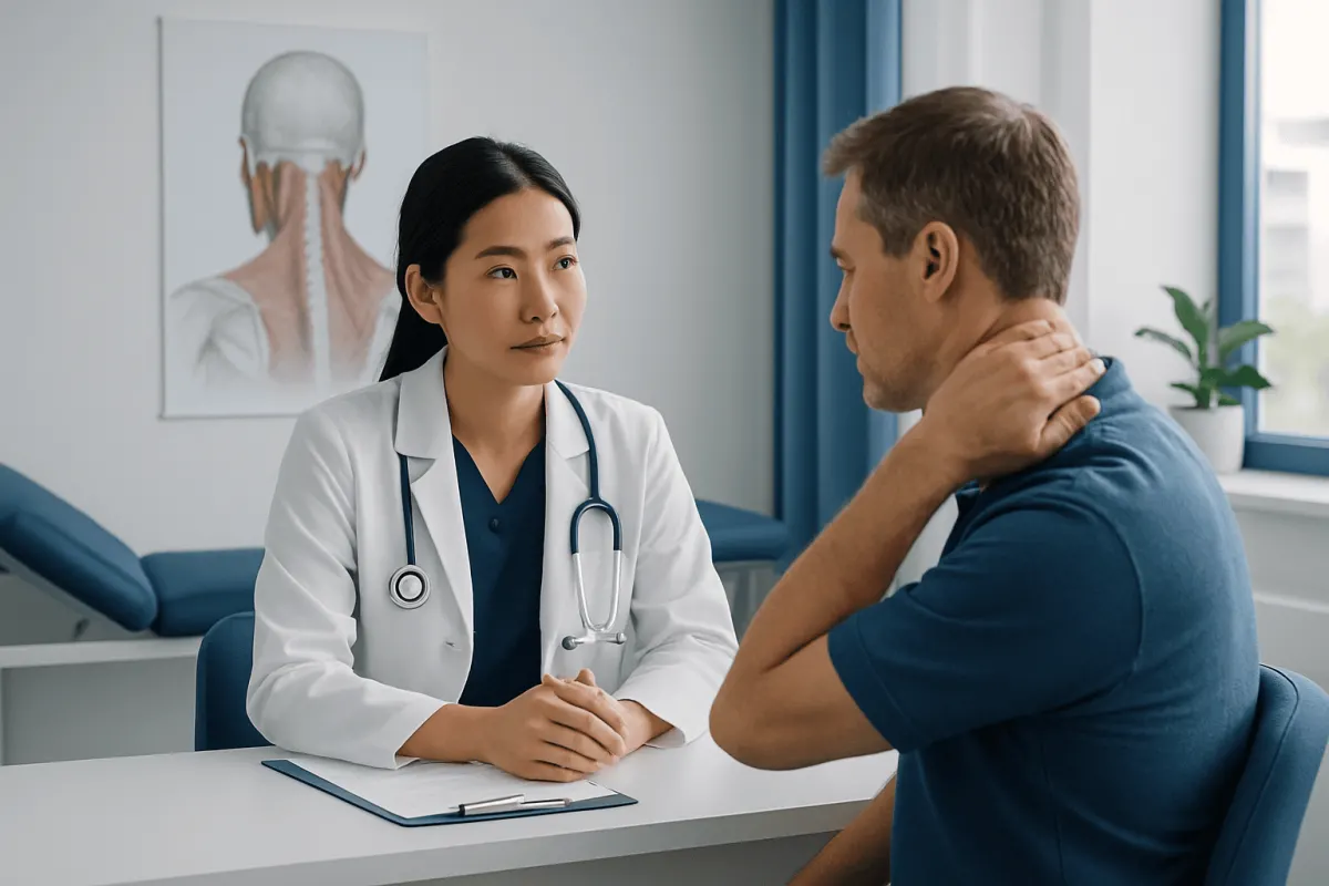 Doctor consulting patient about neck pain in a medical office.