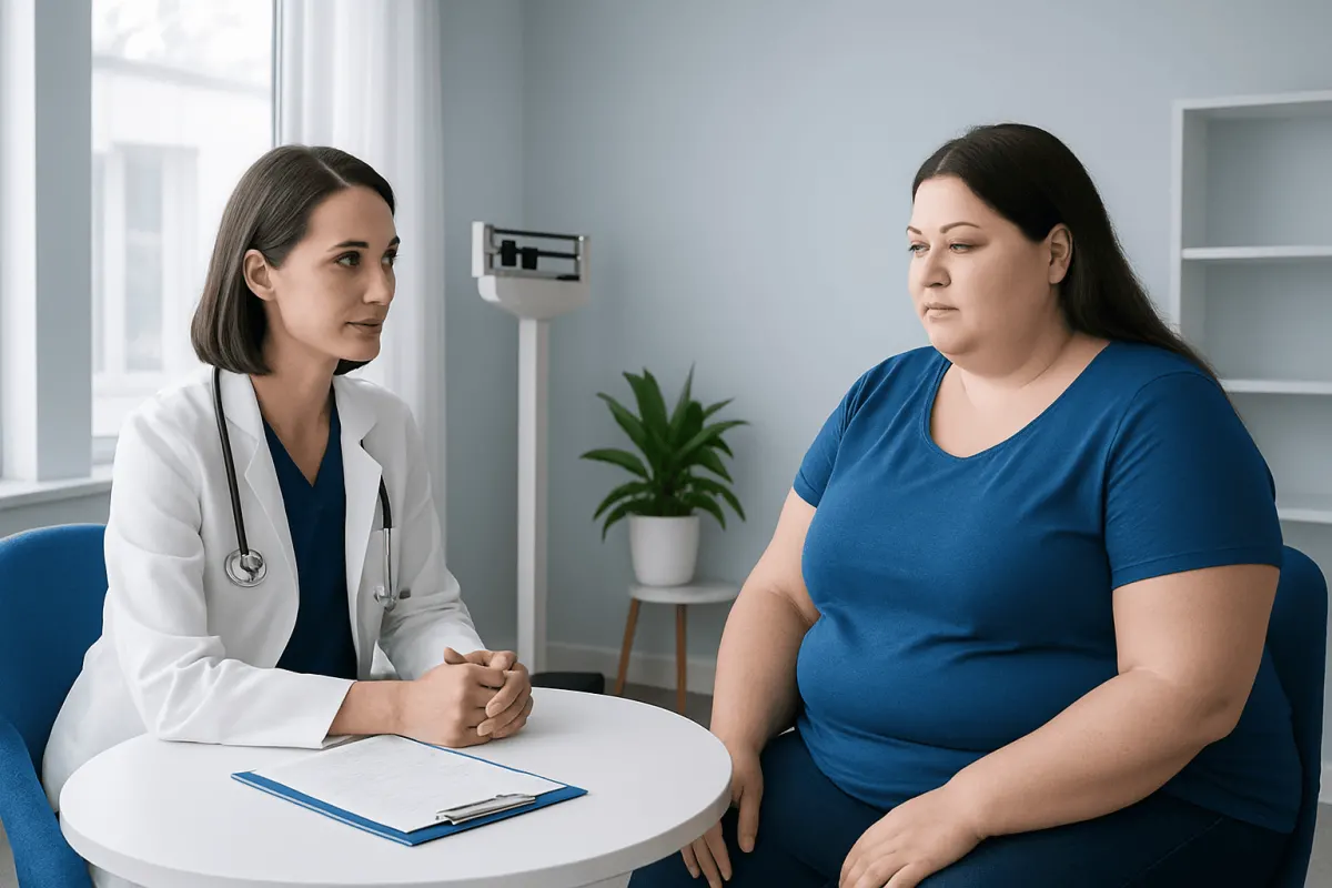 Doctor consulting with a patient about weight management in a clinic setting.
