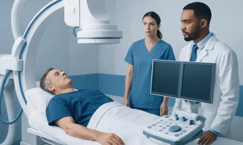Medical professionals perform an ultrasound on a patient in a hospital room.