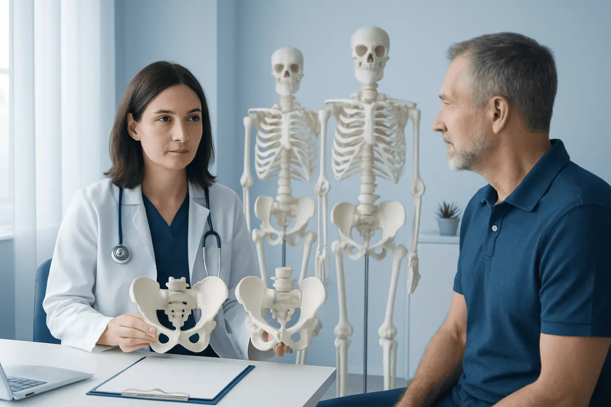 Doctor explaining male and female skeleton differences to patient.