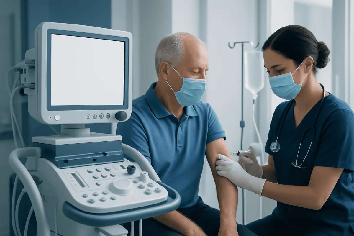 Doctor administering a vaccine to an elderly patient in a hospital setting.