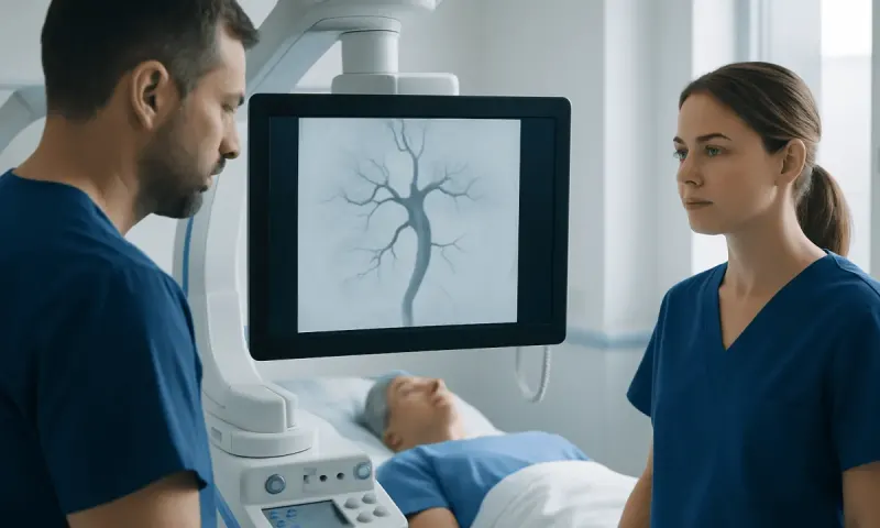 Medical professionals monitor brain scan in hospital setting.