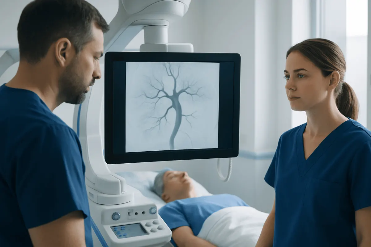Medical professionals monitor brain scan in hospital setting.