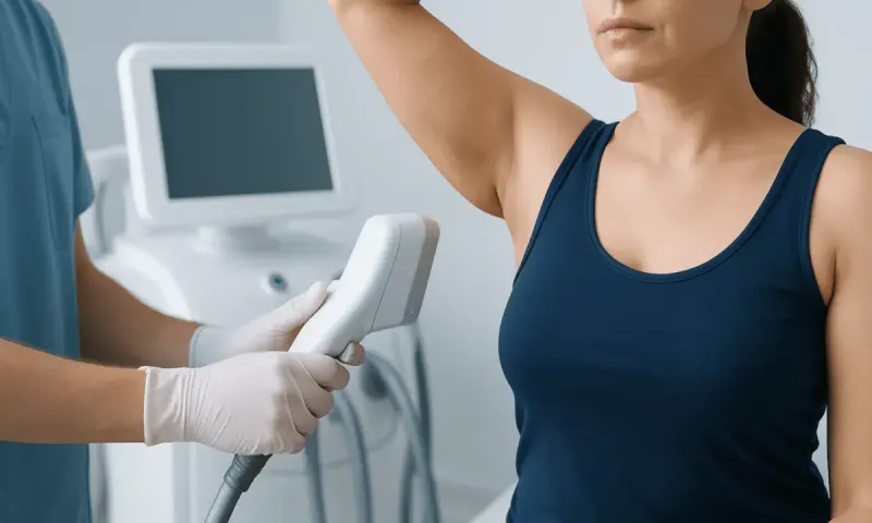 Medical professional examining underarm fat with ultrasound device.