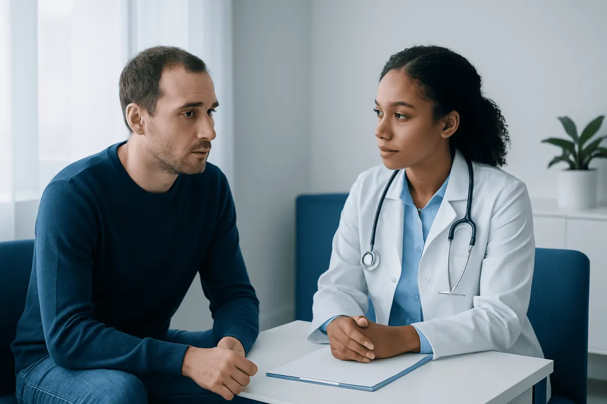 Doctor consulting with patient in a medical office setting.