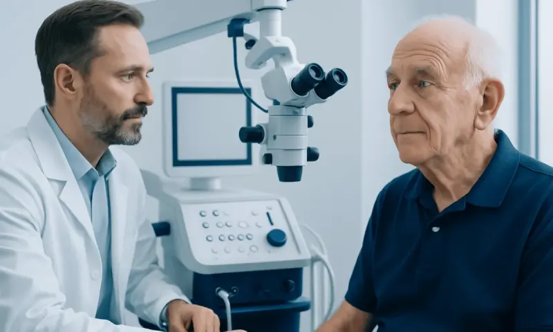 Otolaryngologist examining elderly patient in clinic setting.