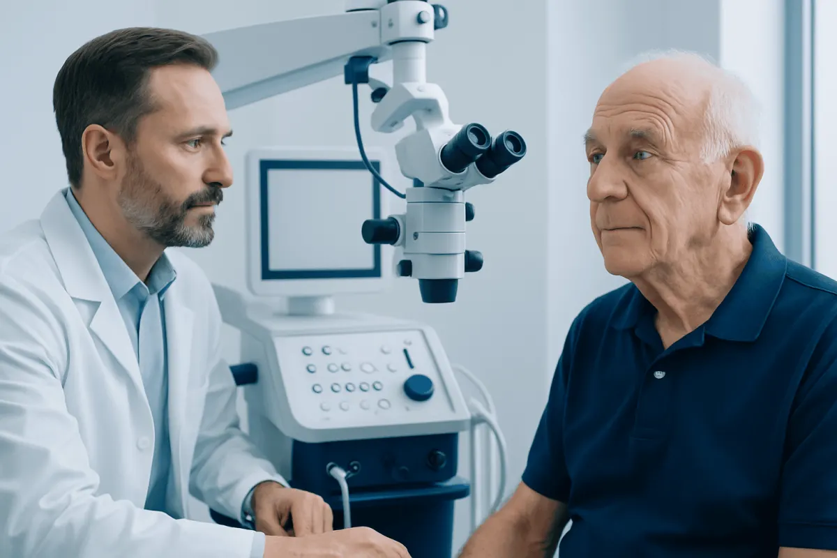 Otolaryngologist examining elderly patient in clinic setting.
