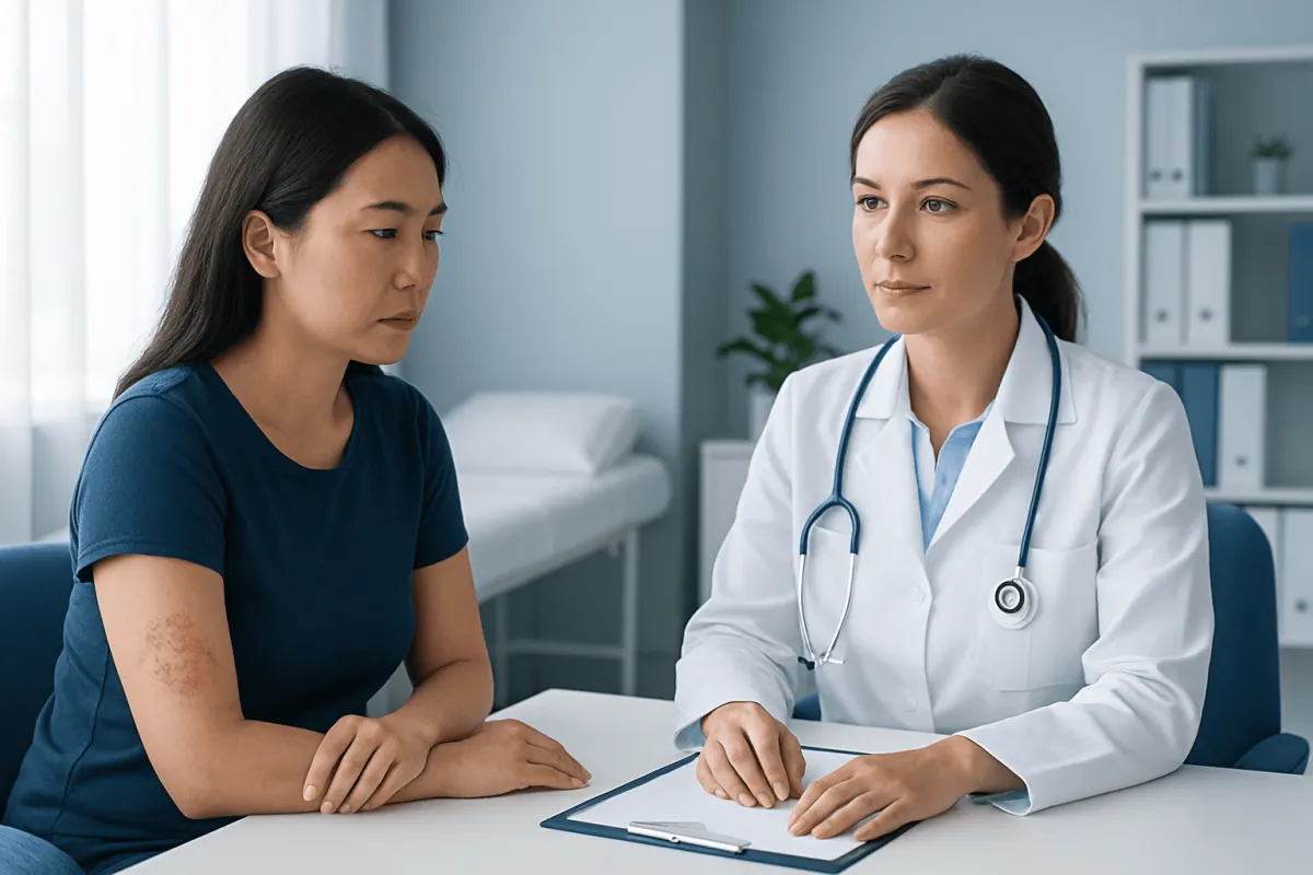 Doctor consulting with patient about skin condition in clinic.