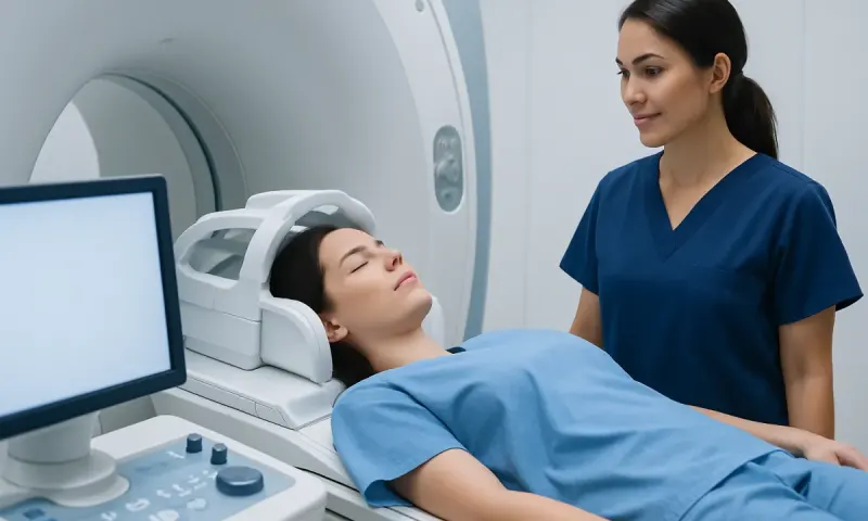 Patient undergoing MRI scan at Acibadem Hospital with medical staff present.
