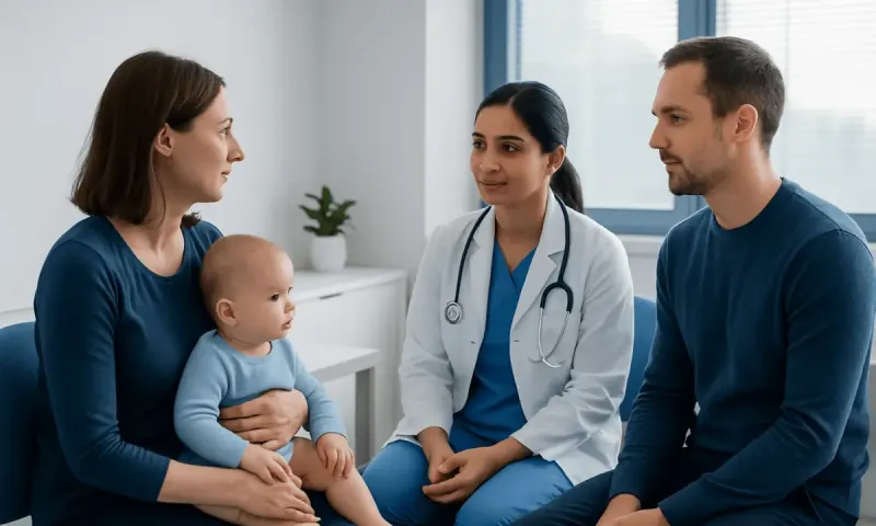 Doctor consulting with parents and baby in a hospital setting.