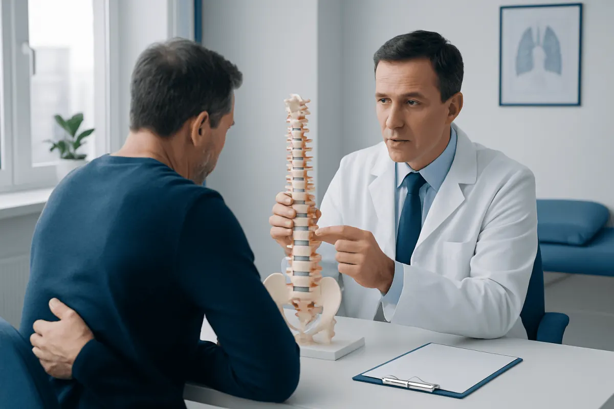 Doctor explaining spinal anatomy to patient in a consultation room.