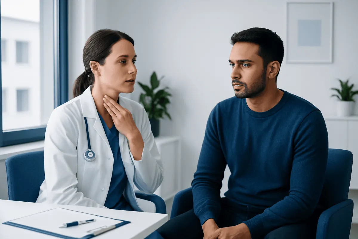 Doctor consulting patient about throat health and bruising symptoms.