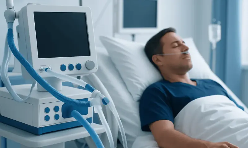 Patient resting in hospital bed with medical ventilator nearby.