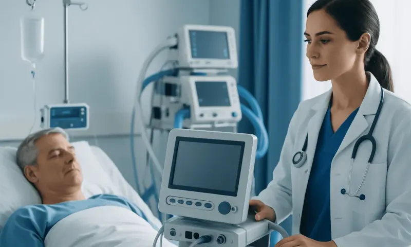 Healthcare professional monitoring a patient with medical equipment in hospital.