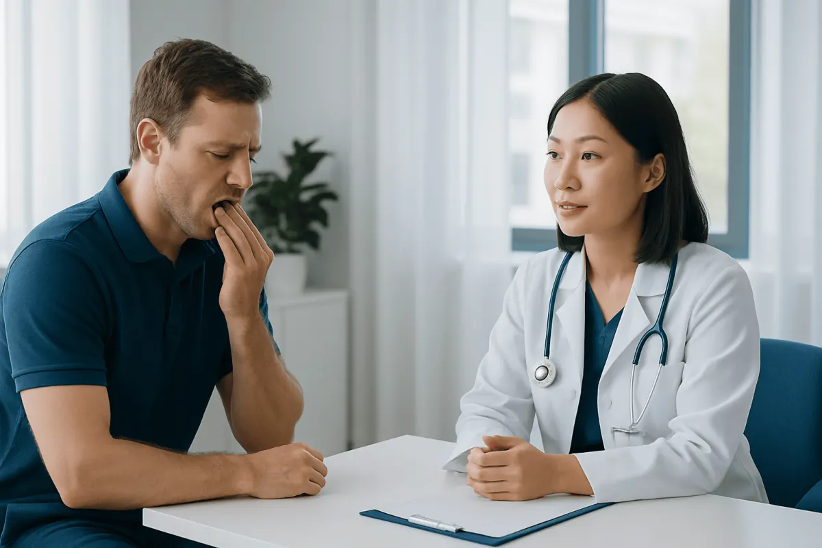 Patient consulting doctor about tongue injury in a medical clinic.