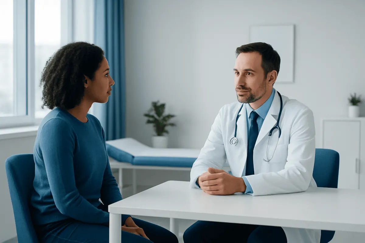 Doctor consulting with a patient in a modern hospital room.