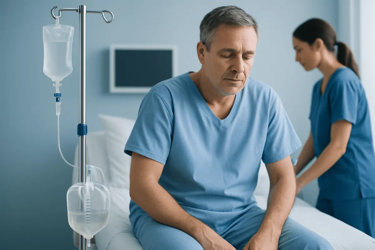 Male patient in hospital bed with IV drip, healthcare professionals in background.