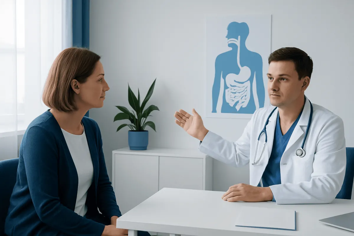 Doctor explaining digestive system to a patient in a clinic setting.