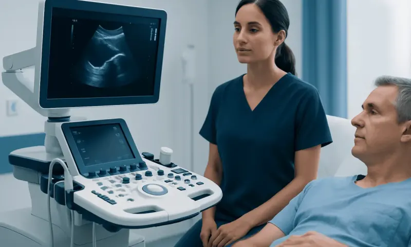 Medical professional performing an ultrasound examination on a patient in a clinical setting.