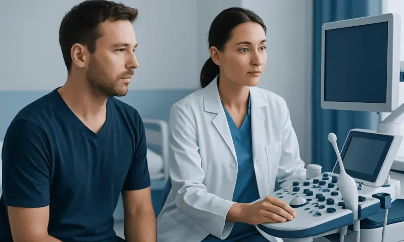 Doctor performing an ultrasound scan on a male patient in a hospital room.