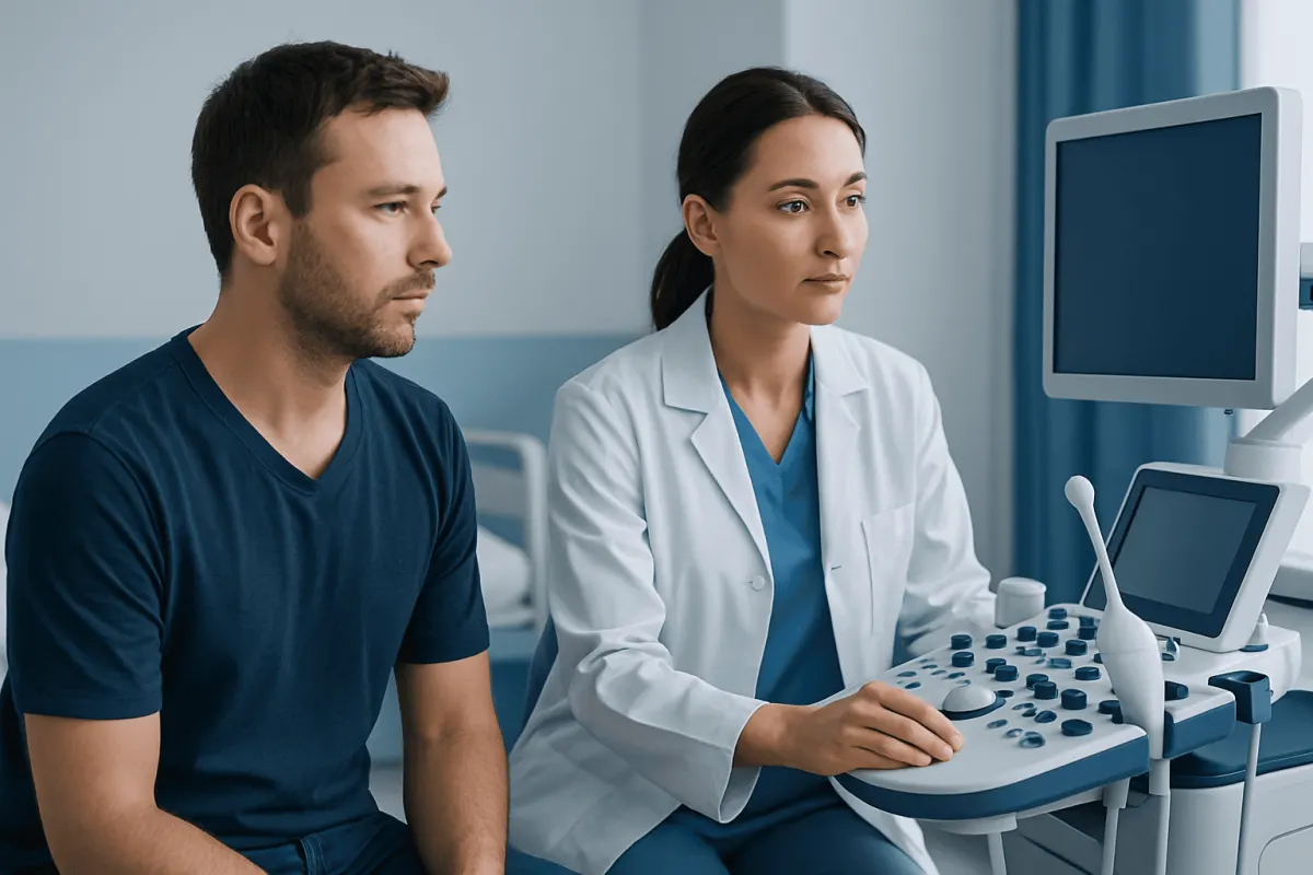 Doctor performing an ultrasound scan on a male patient in a hospital room.