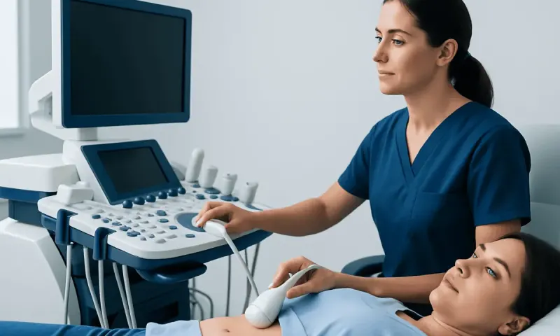 Medical professional performing an ultrasound on a patient in a clinical setting.