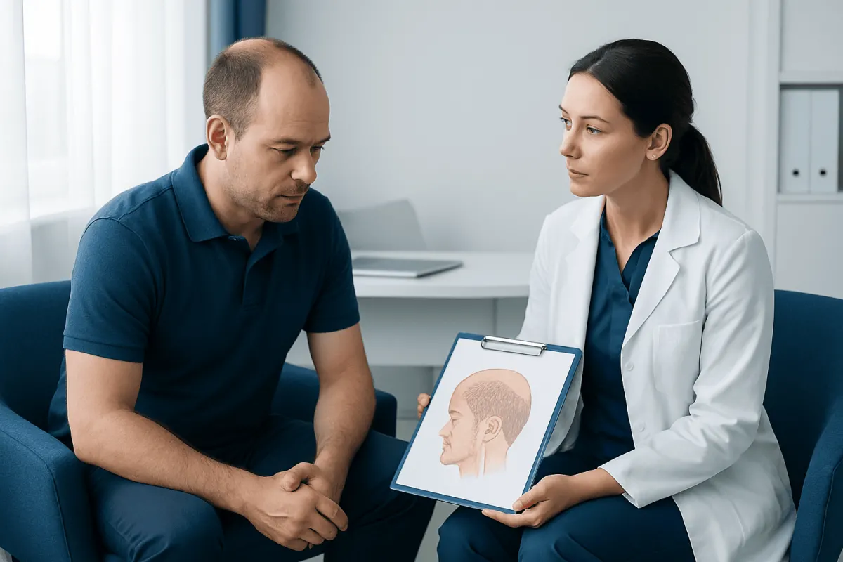 Doctor explaining hair transplant repair options to patient in consultation.