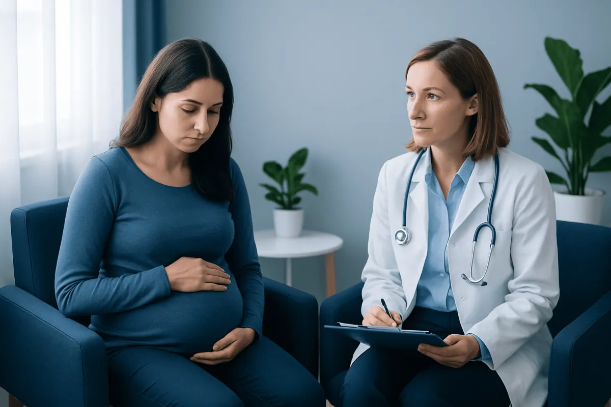 Pregnant woman consulting with doctor in a medical office.