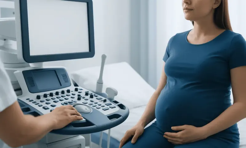 Pregnant woman undergoing ultrasound examination at hospital.