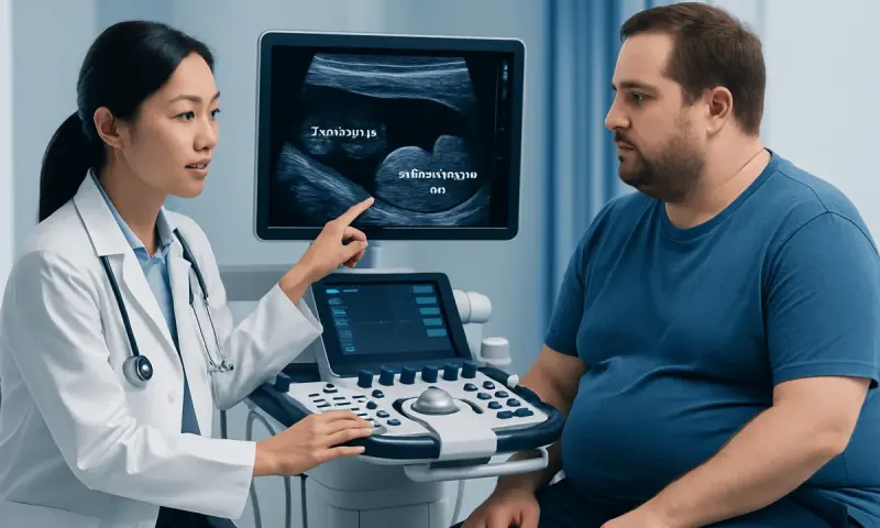 Doctor explaining ultrasound scan to patient in medical consultation room.
