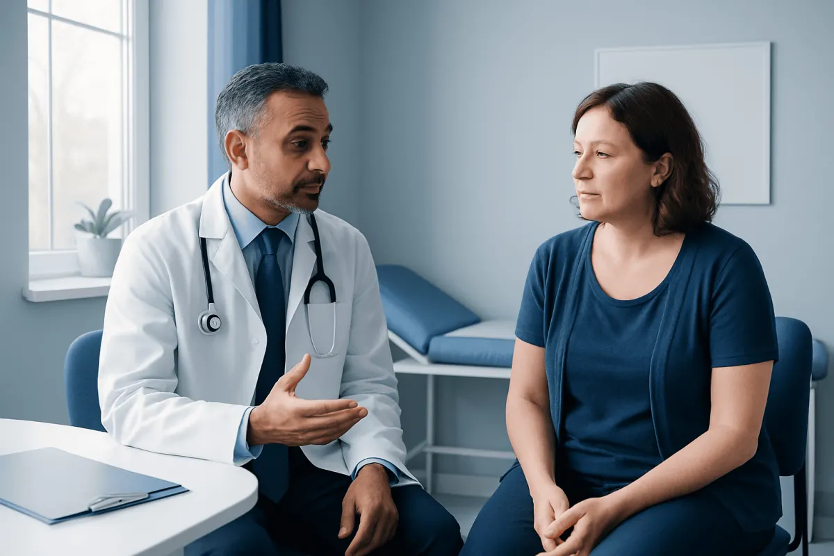 Doctor consulting with a female patient in a medical office.
