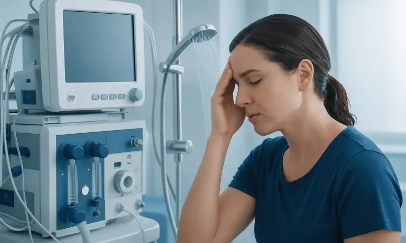 Woman experiencing headache in a medical setting with monitoring equipment.
