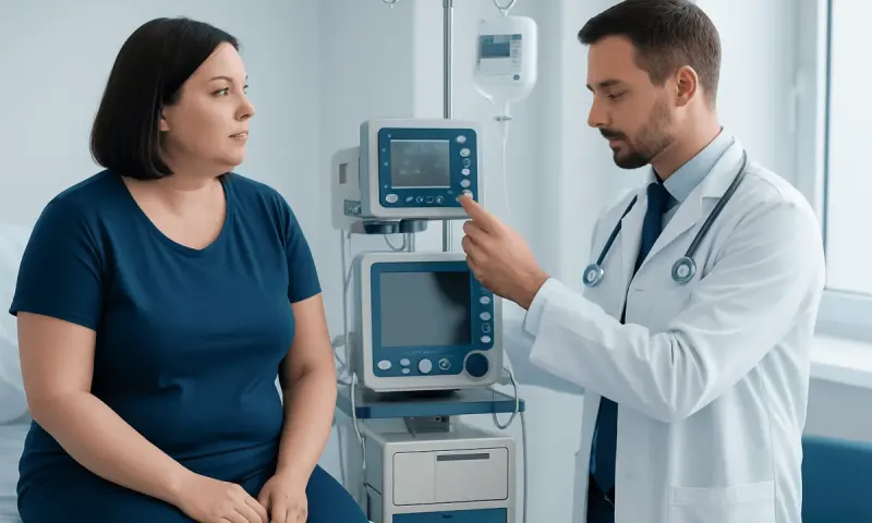 Doctor explaining medical information to a female patient in a hospital room.