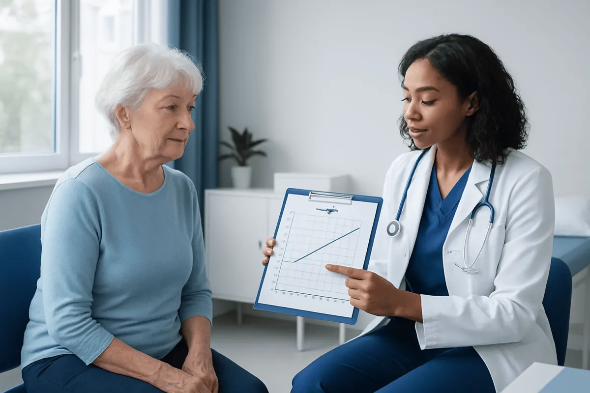 Doctor explaining health data to elderly woman in a medical consultation.