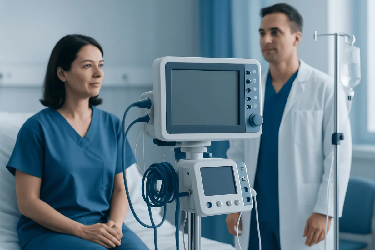 Medical professionals with patient and monitoring equipment in hospital setting.