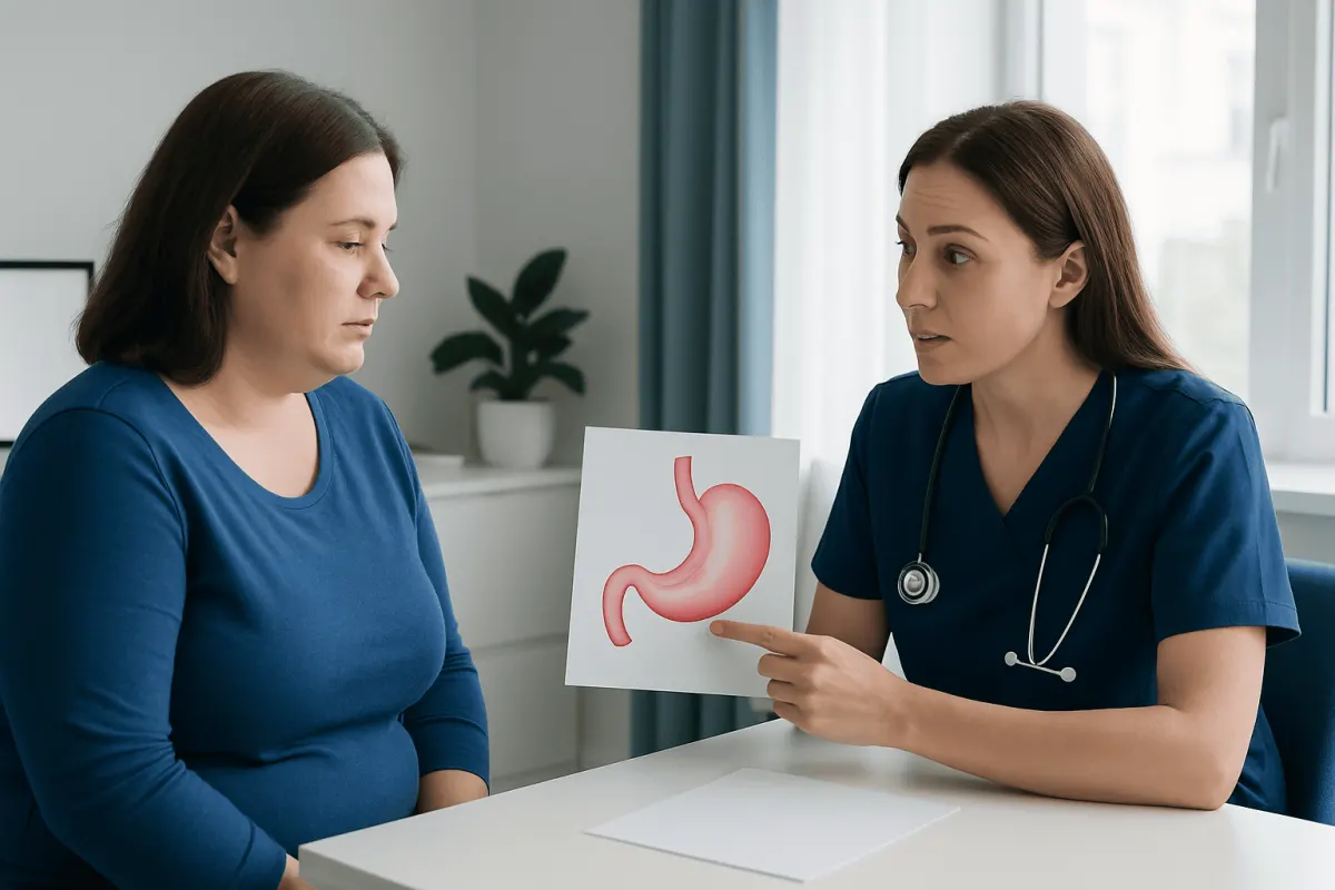 Doctor explains stomach anatomy to patient after gastric sleeve surgery.