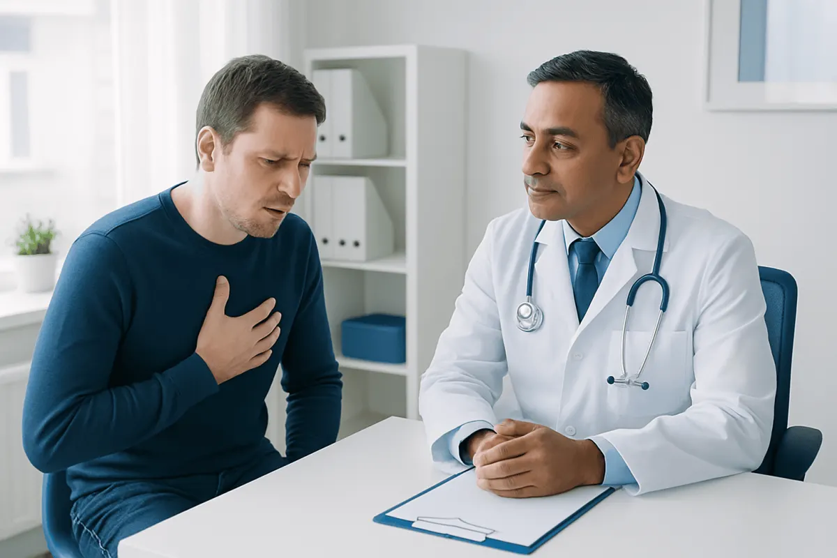 Doctor examining a patient with chest discomfort in a medical office.