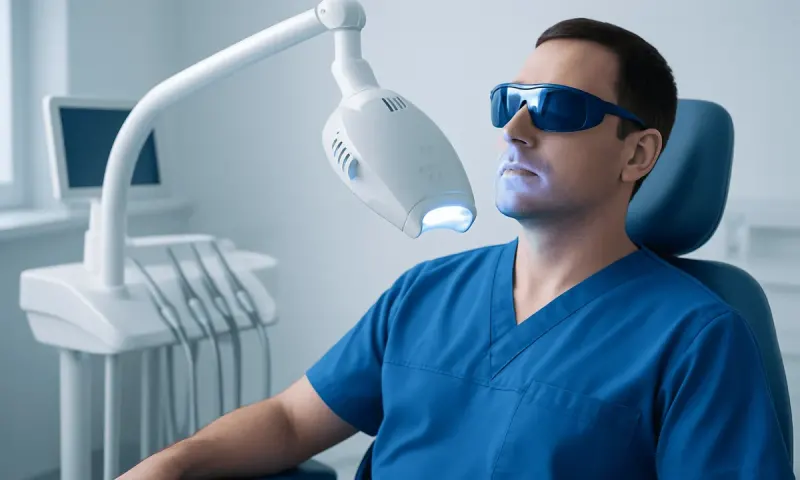 Dentist in protective glasses during teeth whitening procedure at Acibadem Hospital.