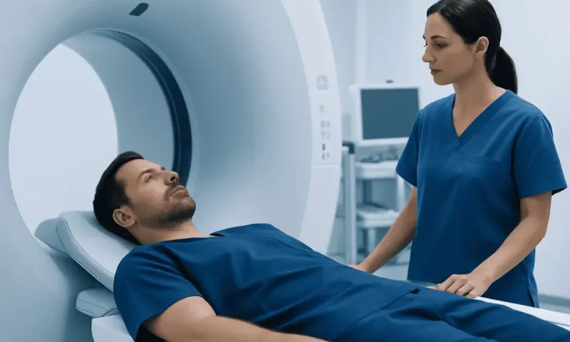 Medical technician preparing patient for MRI scan at Acibadem Hospital.