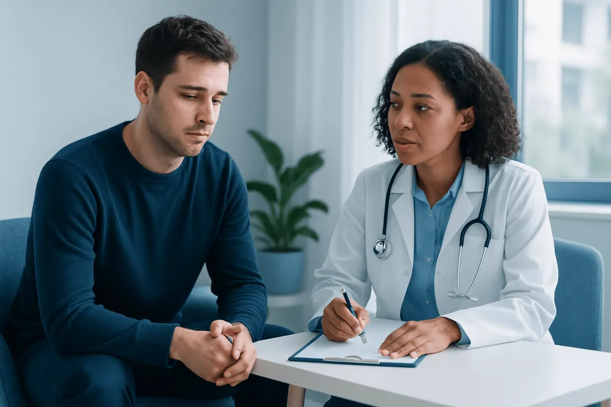 Doctor consulting with a young male patient in a medical office.