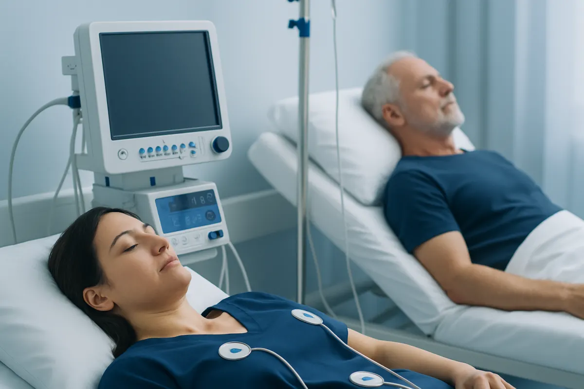 Patients in hospital beds connected to medical monitors in a healthcare setting.