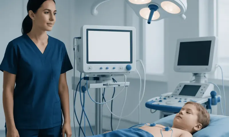 Pediatric cardiology team monitoring a young patient in a hospital room.