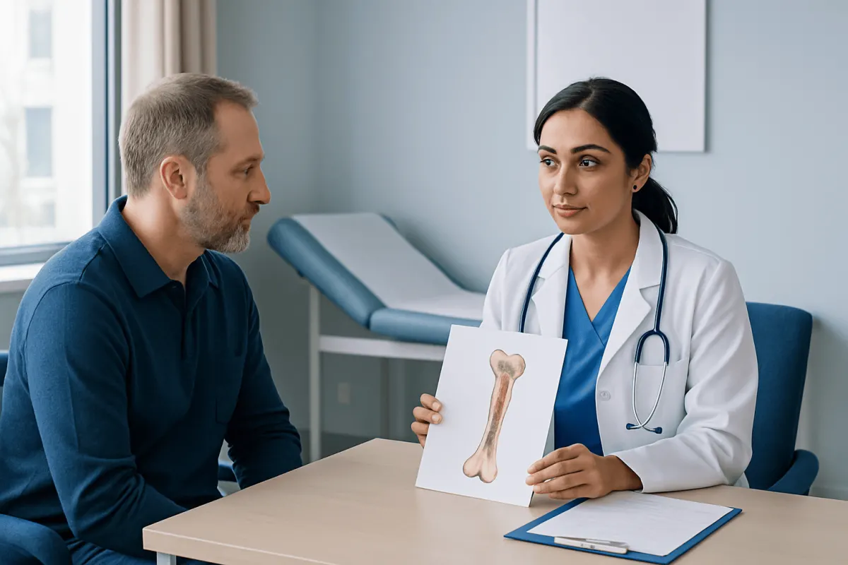 Doctor explains bone marrow diagram to patient in clinic setting.