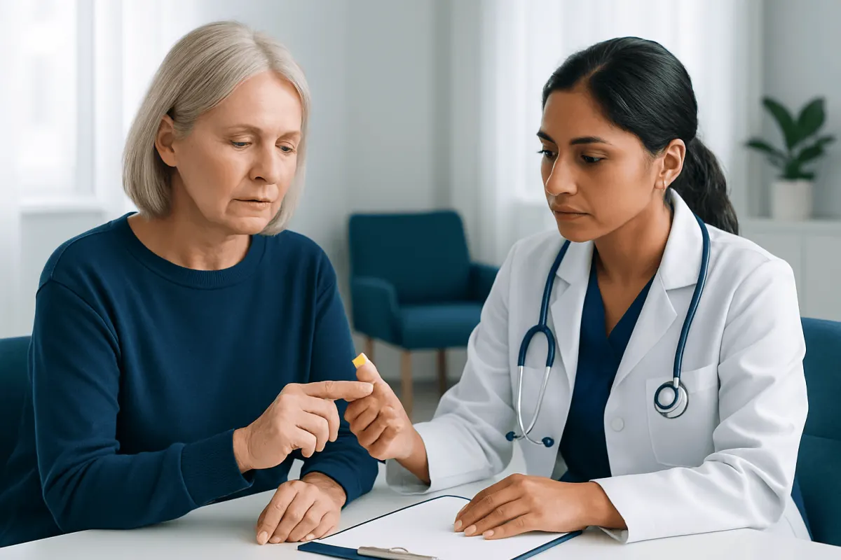 Doctor examining elderly woman's finger for nail health assessment.