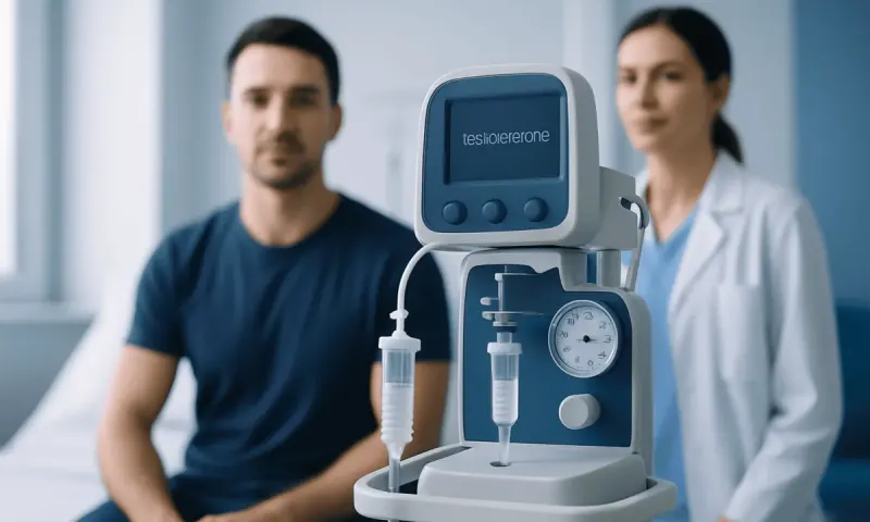 Medical device for testosterone testing with doctor and patient in background.
