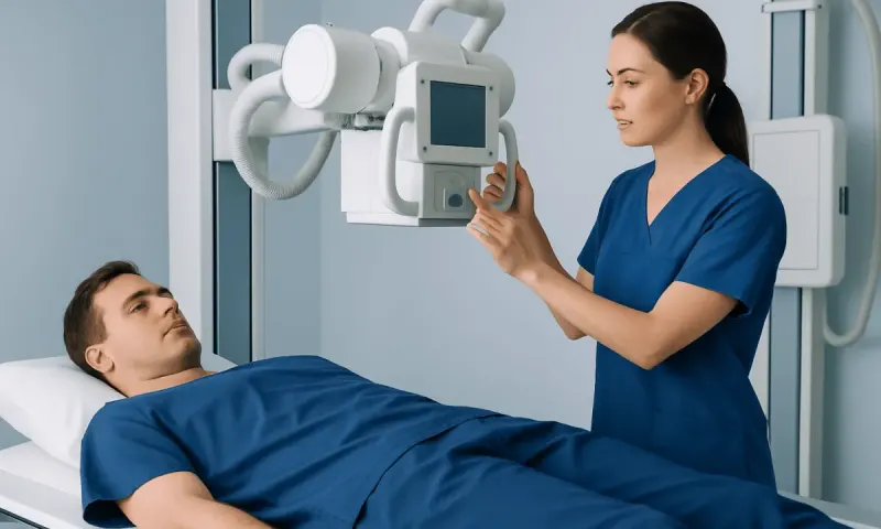 Medical professional operating X-ray machine on patient in hospital.