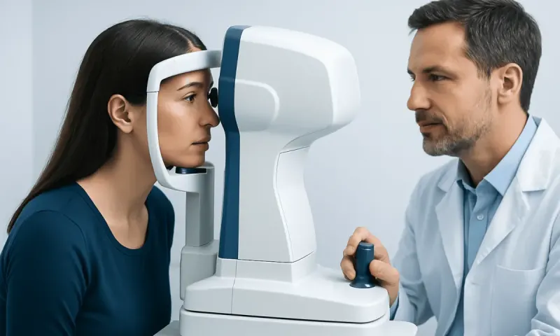 Optometrist performs eye test using a machine on a young woman.