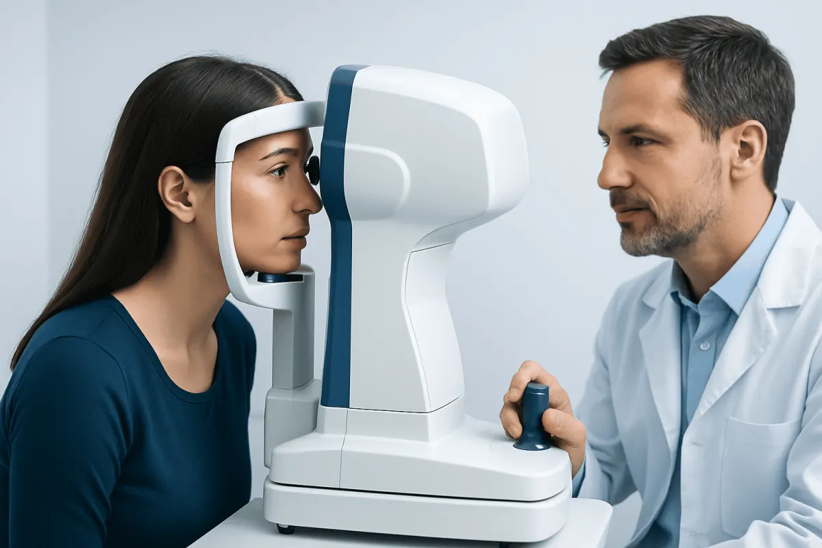 Optometrist performs eye test using a machine on a young woman.